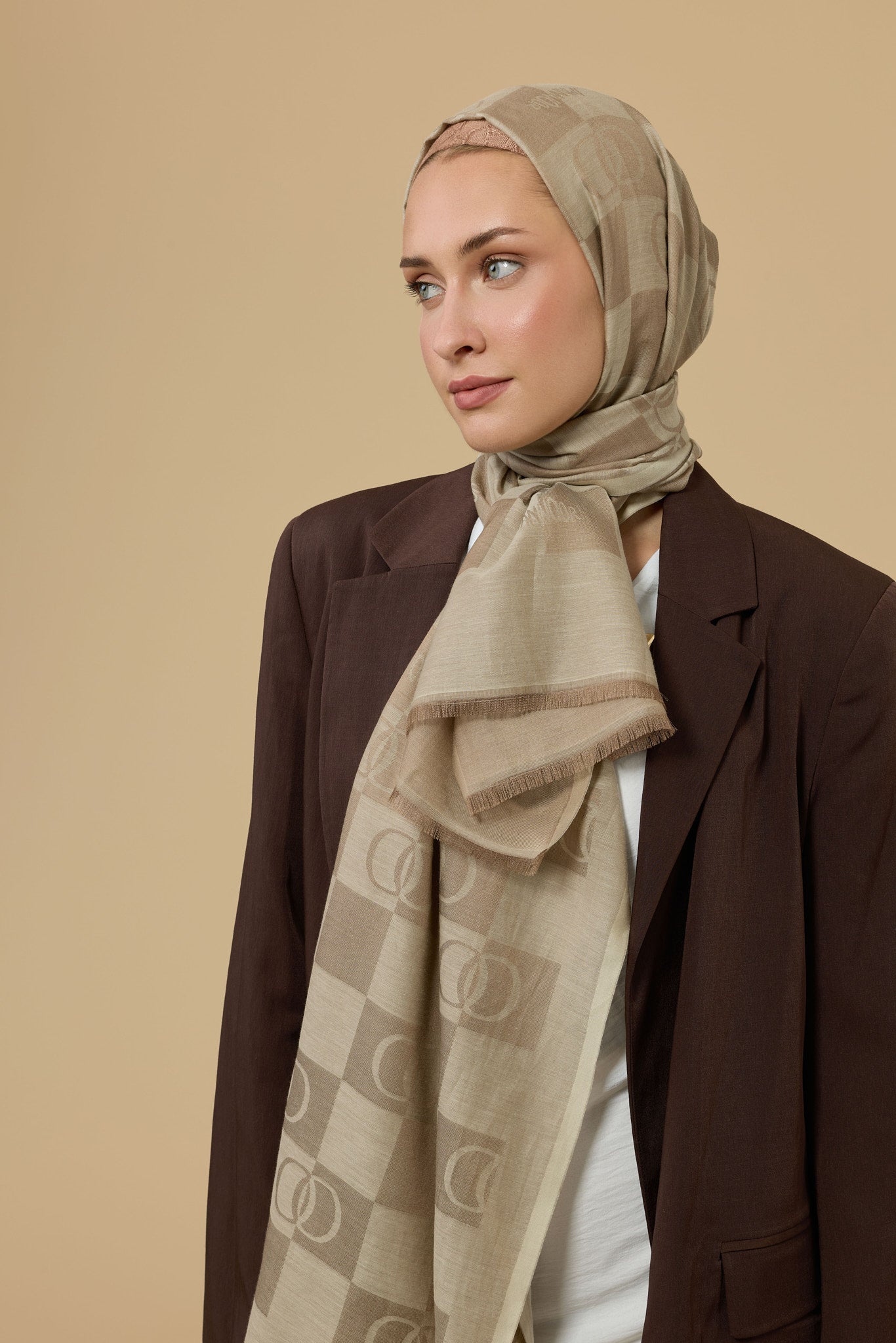 Dama Desen Bej Pamuk İpek Şal 70x190