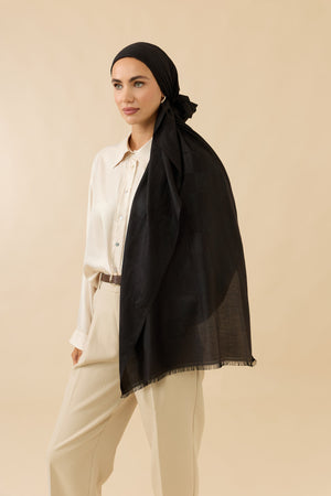 Checkerboard Pattern Black Cotton Silk Scarf