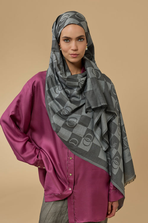 Checkerboard Pattern Grey Cotton Silk Scarf