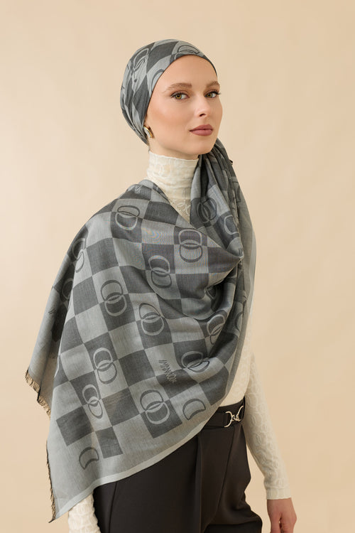 Checkerboard Pattern Grey Cotton Silk Scarf