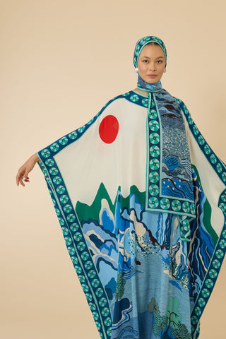 Dağ Ve Sakura Beyaz-Mavi Tivil İpek Kaftan
