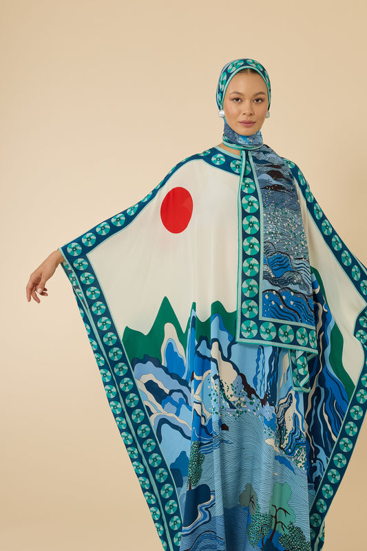 Dağ Ve Sakura Beyaz-Mavi Tivil İpek Kaftan