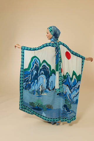 Dağ Ve Sakura Beyaz-Mavi Tivil İpek Kaftan