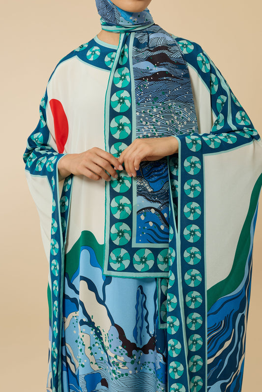 Dağ Ve Sakura Beyaz-Mavi Tivil İpek Kaftan