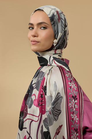 Havuz Çiçeği Bordo-Gri Şifon İpek Şal 70x210