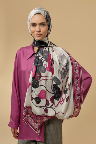 Havuz Çiçeği Bordo-Gri Şifon İpek Şal 70x210