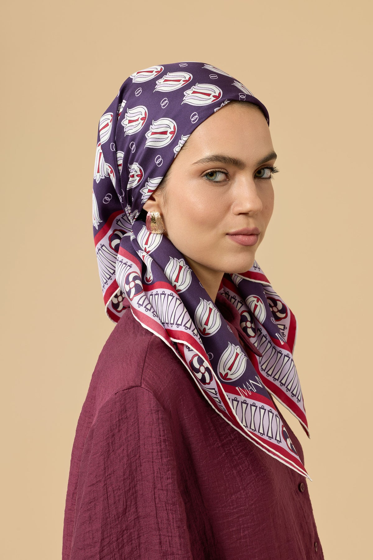 Lale ve Logo Mürdüm Tivil İpek Eşarp 90x90