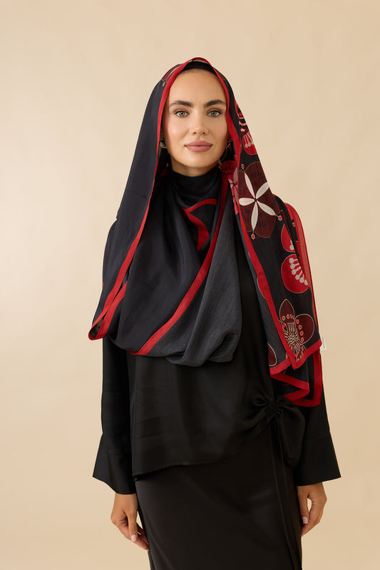 Papatyalar Siyah-Kırmızı Floş Ekosel Şal 70x210