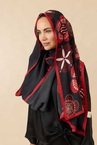 Papatyalar Siyah-Kırmızı Floş Ekosel Şal 70x210