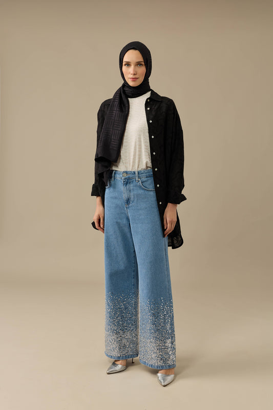İşlemeli Mavi Denim Pantolon