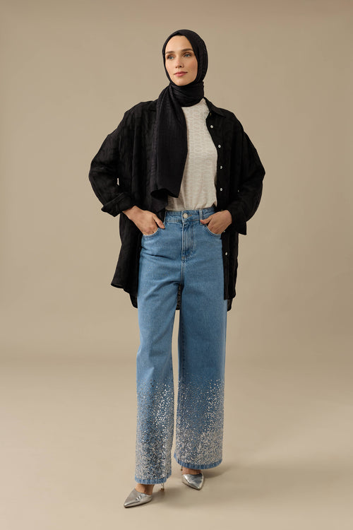 İşlemeli Mavi Denim Pantolon
