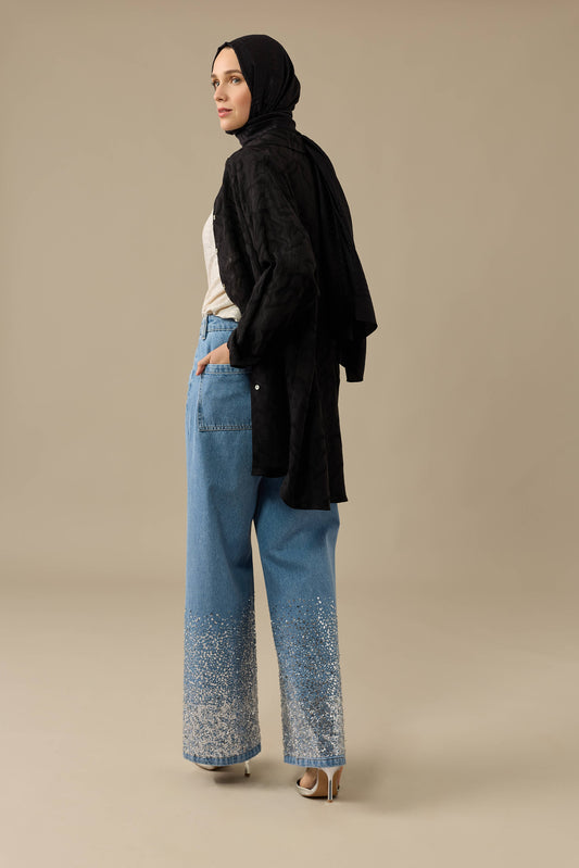 İşlemeli Mavi Denim Pantolon
