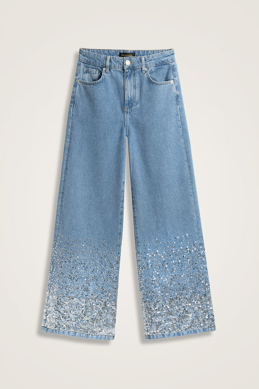 İşlemeli Mavi Denim Pantolon