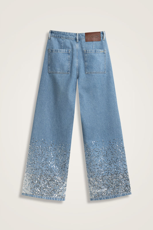 İşlemeli Mavi Düz Renk Denim Pantolon