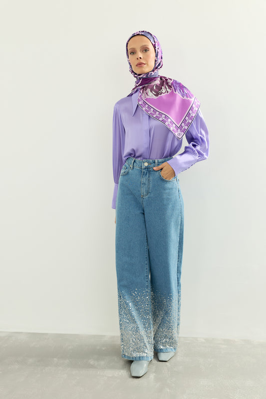 İşlemeli Mavi Denim Pantolon