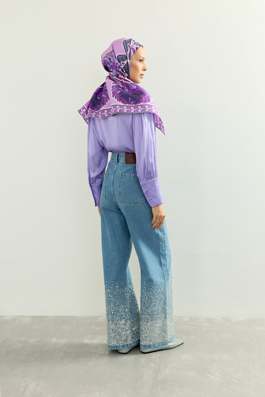 İşlemeli Mavi Düz Renk Denim Pantolon