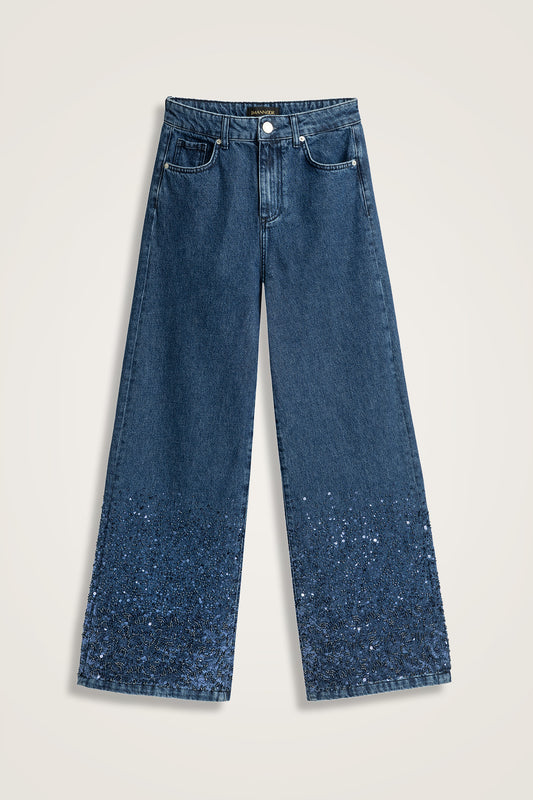 İşlemeli Koyu Mavi Denim Pantolon