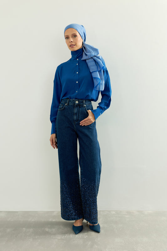 İşlemeli Koyu Mavi Denim Pantolon