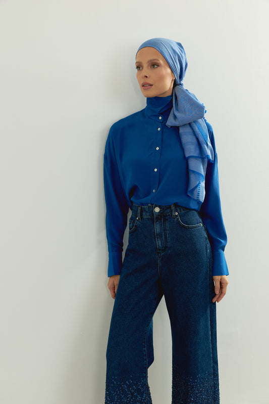 İşlemeli Koyu Mavi Denim Pantolon