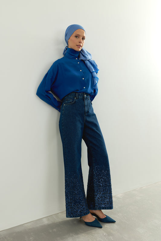 İşlemeli Koyu Mavi Denim Pantolon