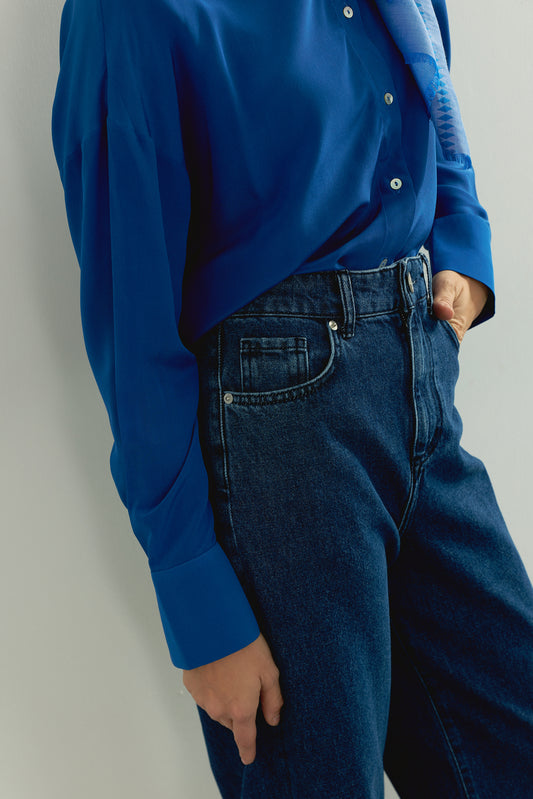 İşlemeli Koyu Mavi Denim Pantolon