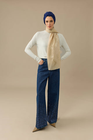 İşlemeli Koyu Mavi Denim Pantolon