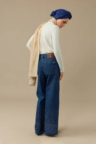 İşlemeli Koyu Mavi Denim Pantolon