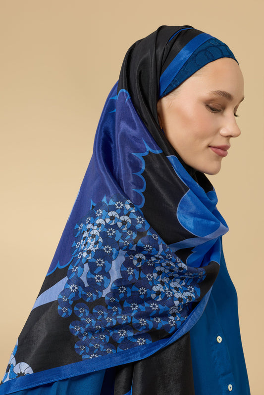 Sakura Siyah-Saks Floş Ekosel Şal 70x210