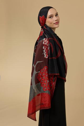 Sakura Siyah-Kırmızı Floş Ekosel Şal 70x210