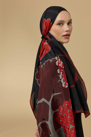 Sakura Siyah-Kırmızı Floş Ekosel Şal 70x210