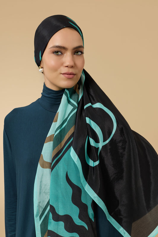 Güneş Kare Siyah-Turkuaz Floş Ekosel Şal 70x210