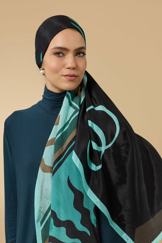 Güneş Kare Siyah-Turkuaz Pamuk Floş Şal 70x210