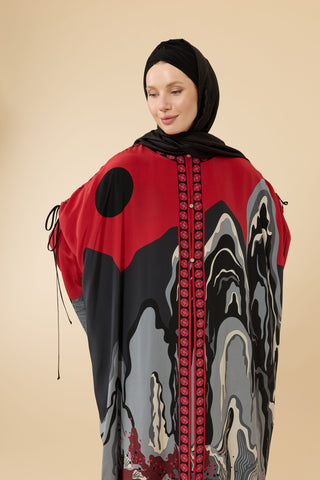 Dağ Ve Sakura Kırmızı Krep İpek Abaya