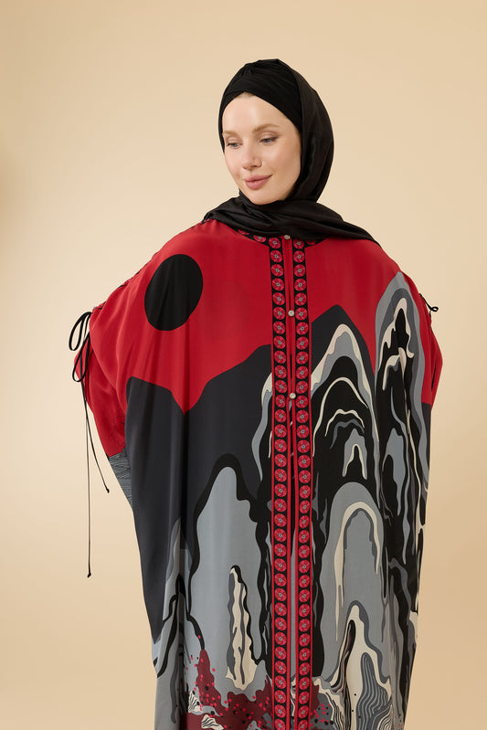Dağ Ve Sakura Kırmızı Krep İpek Abaya