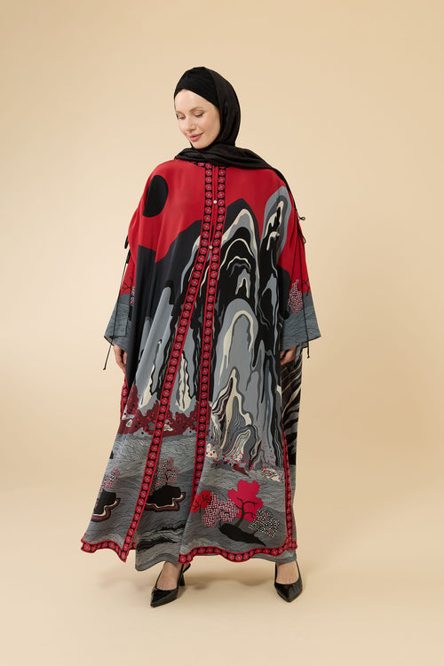 Dağ Ve Sakura Kırmızı Krep İpek Abaya