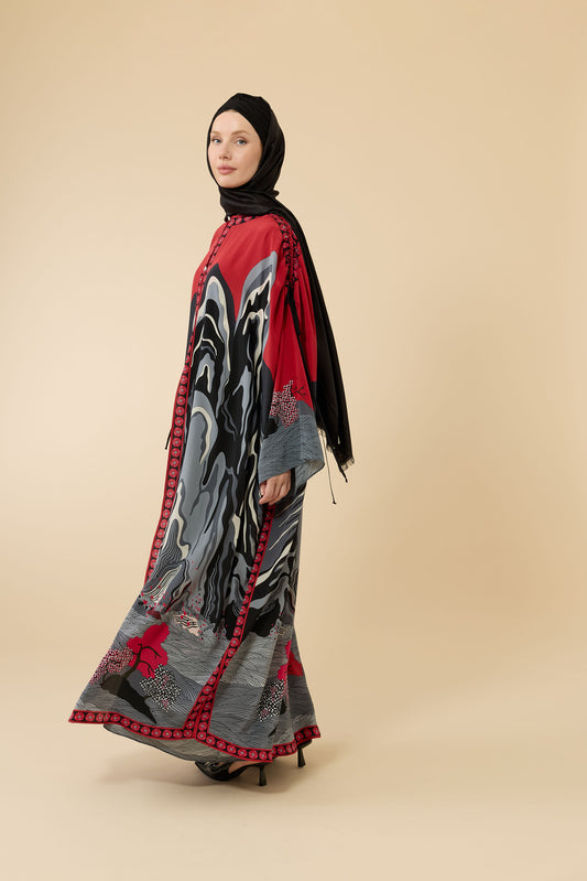 Dağ Ve Sakura Kırmızı Krep İpek Abaya