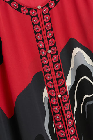 Dağ Ve Sakura Kırmızı Krep İpek Abaya