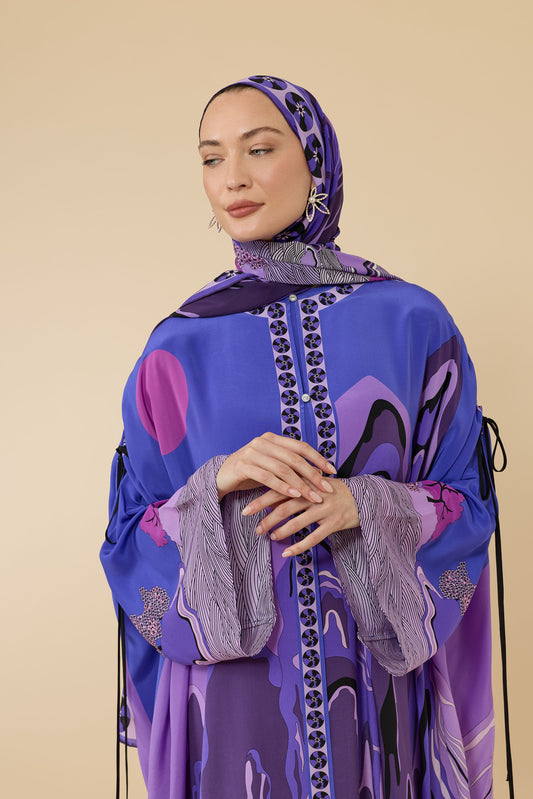 Dağ Ve Sakura Mor Krep İpek Abaya