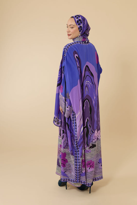 Dağ Ve Sakura Mor Krep İpek Abaya