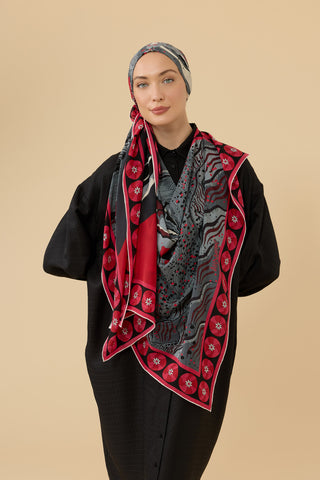 Dağ ve Sakura Kırmızı Krep İpek Şal 70x210