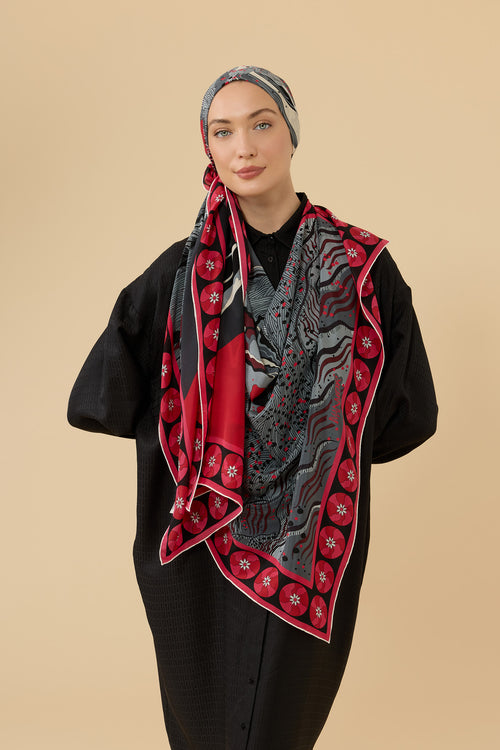 Dağ ve Sakura Kırmızı Krep İpek Şal 70x210