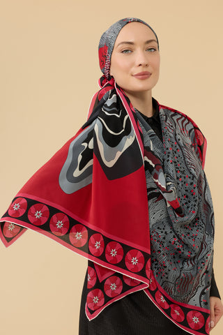 Dağ ve Sakura Kırmızı Krep İpek Şal 70x210