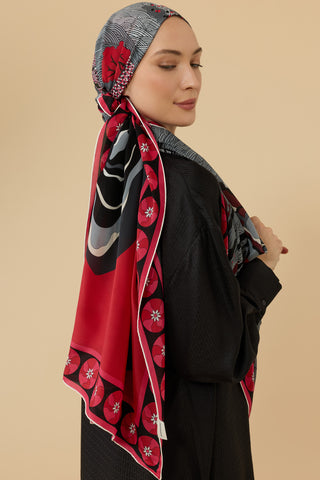 Dağ ve Sakura Kırmızı Krep İpek Şal 70x210