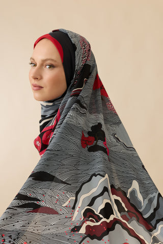 Dağ ve Sakura Kırmızı Krep İpek Şal 70x210