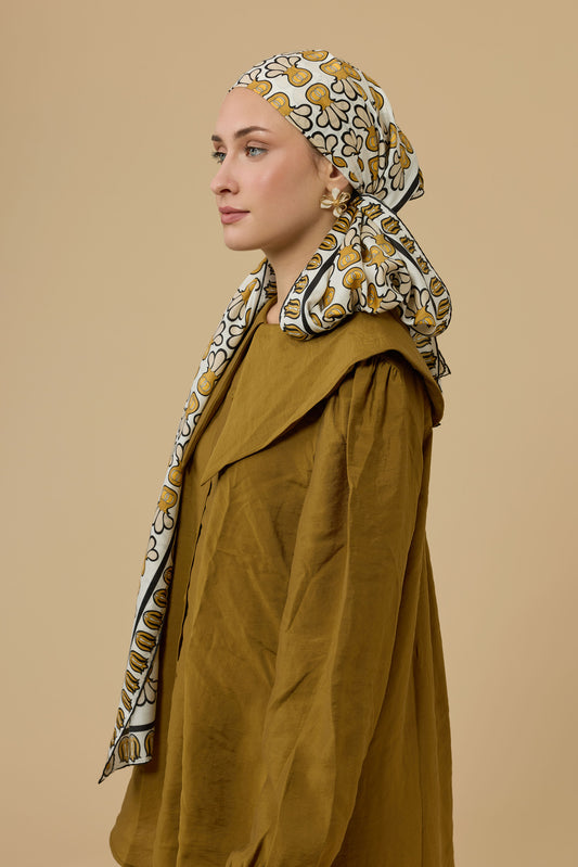 Lale Vazo Sarı Pamuk İpek Şal 70x210
