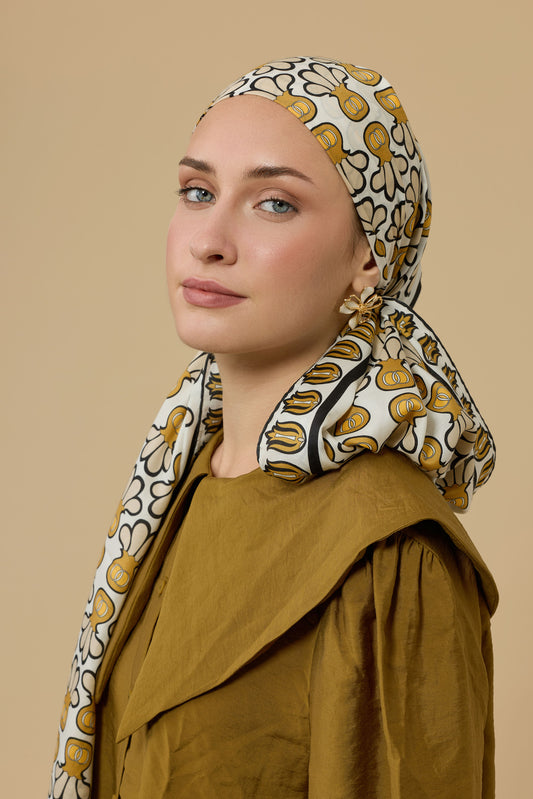 Lale Vazo Sarı Pamuk İpek Şal 70x210