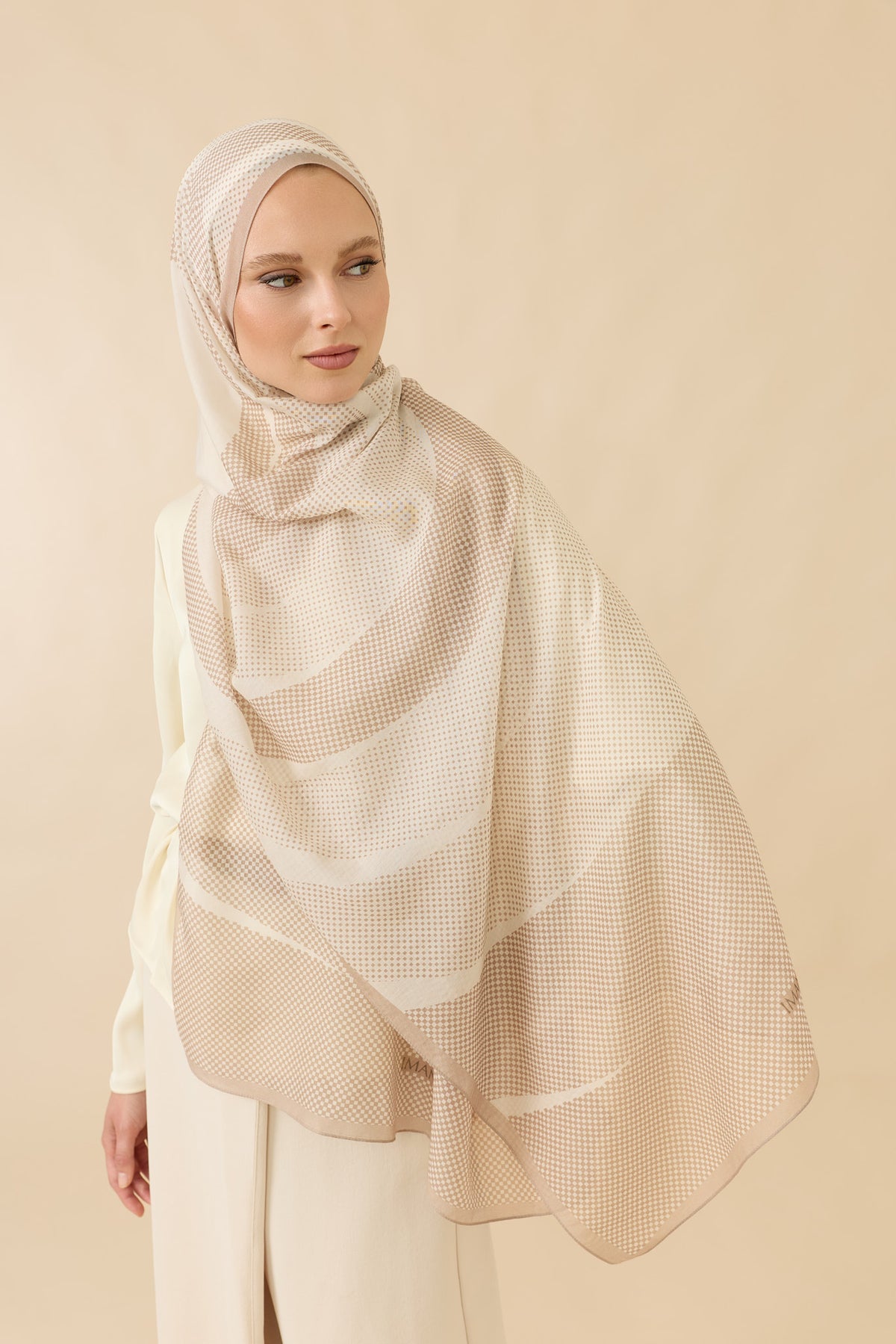 Hare Bej Pamuk Vual Şal 70x210