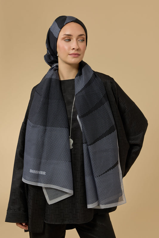 Hare Siyah-Gri Pamuk Vual Şal 70x210