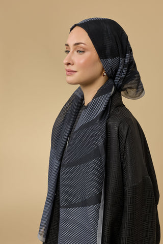 Hare Siyah-Gri Pamuk Vual Şal 70x210