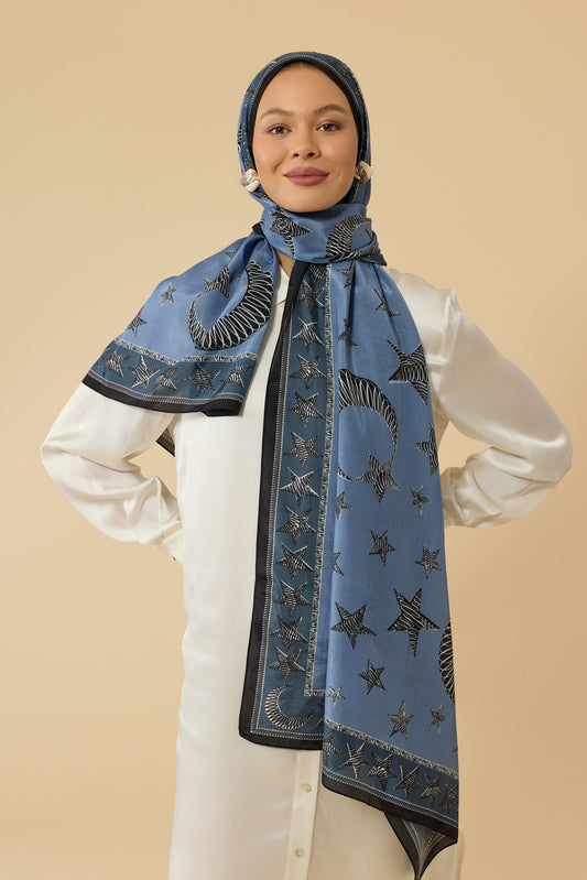 Ayla Yıldız Mavi Pamuk Floş Şal 70x210